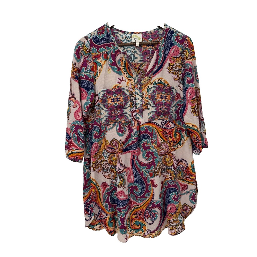 Figueroa & Flower Sheer Dress M Paisley Aztec Boho Artsy Festival Pockets Blouse